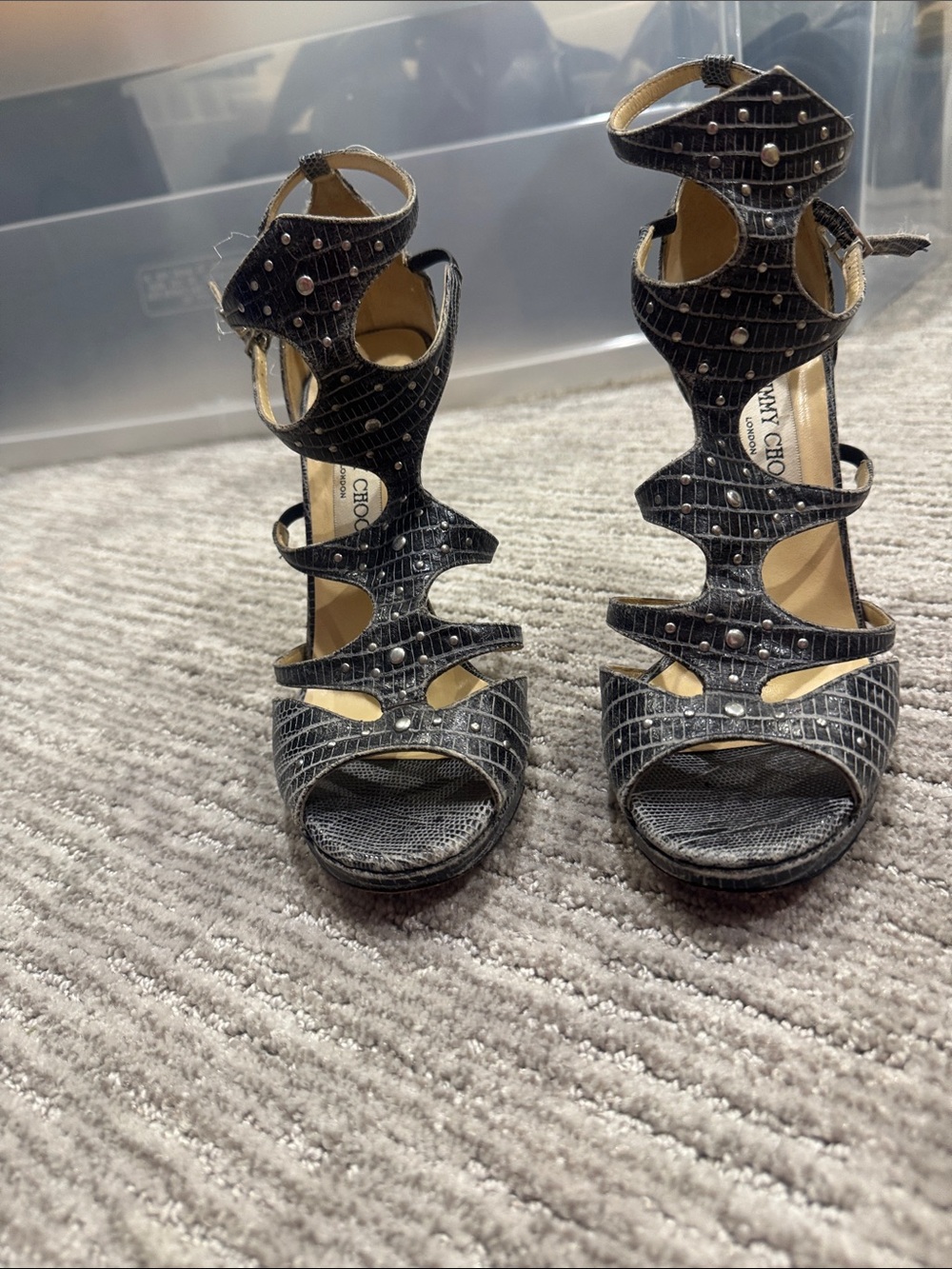 Jimmy Choo Lizard Embossed Studded Cage Platform Sandals Size 39.5
